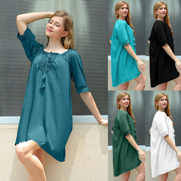 2024  European and American fashion women's clothing sunscreen lace-up U-neck solid color beach blouse dress UV protection