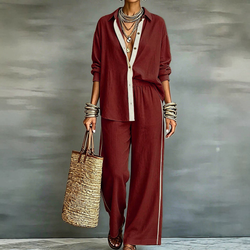 Exportplus size relaxation work clothing set retro gray linen shirt elastic waist side strips wide leg pants two-piece set
