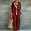 Exportplus size relaxation work clothing set retro gray linen shirt elastic waist side strips wide leg pants two-piece set