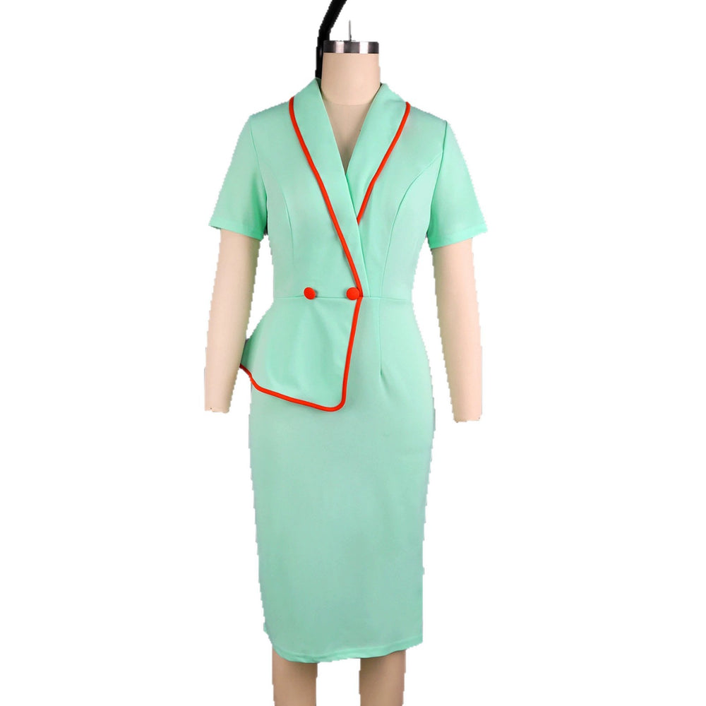 Fashion lapel contrast color mint green short sleeve one step skirt rufflesilm hip cover work clothingdressdresses