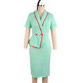 Fashion lapel contrast color mint green short sleeve one step skirt rufflesilm hip cover work clothingdressdresses