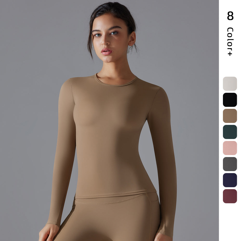 New double-sided brushed solid color long yoga top - long sleeve, high-stretch, breathable, sports running fitness casual t-shirt for women