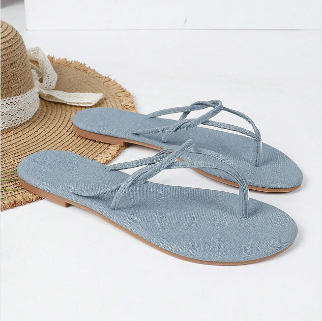 New summer denim slippers low heel flats flip flops women's home slippers wholesale sandals beach slippers