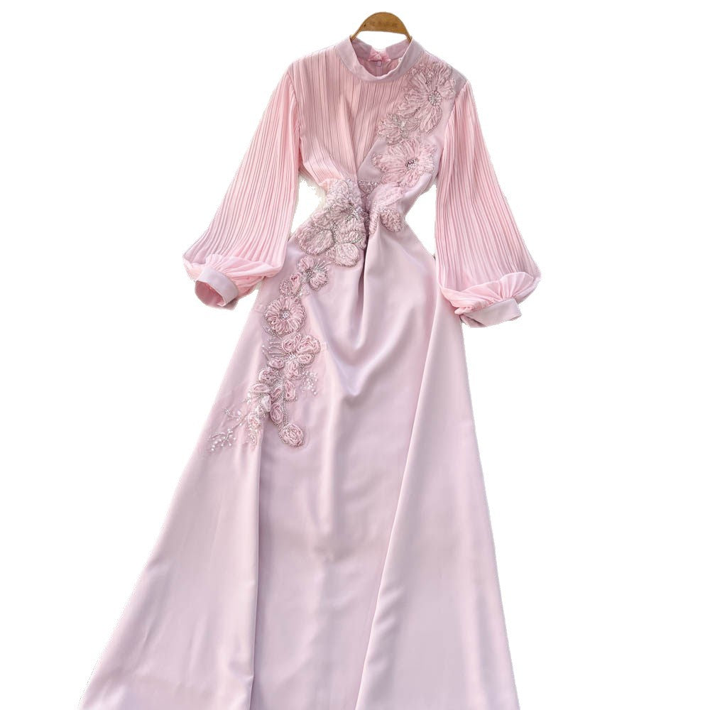 French chic flared sleeve maxi dress with 3d floral embroidery - high waist, slimming a-line silhouette