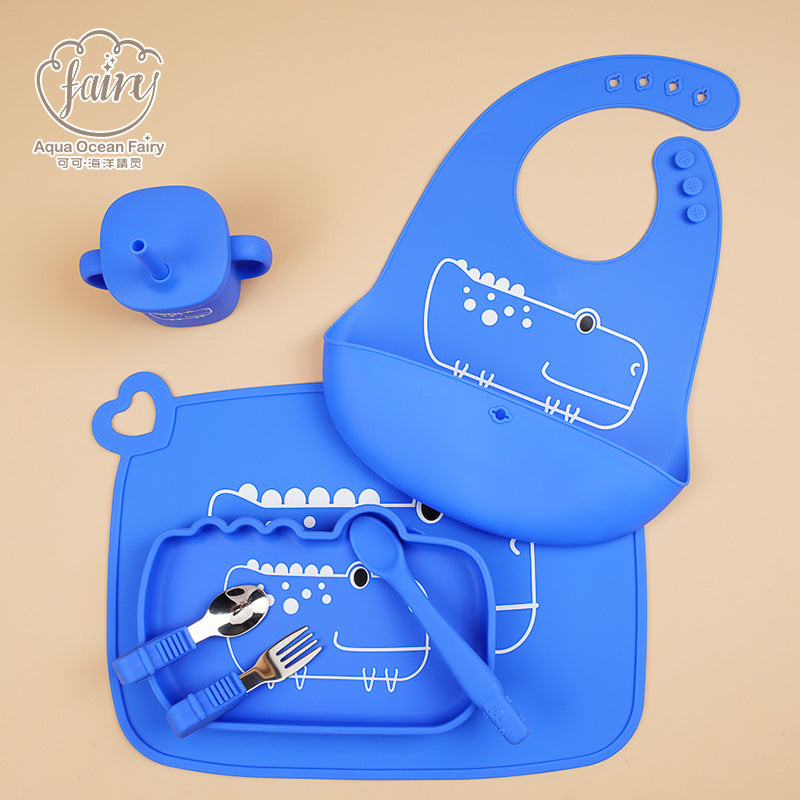 Children's Crocodile Elephant Silicone Plate Set Supplementary Food Grid Infant Learning to Eat Training with Suction Cup