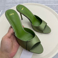 Mng green sandals: new summer 2026 collection - satin open-toe high heels, stiletto heel, and thong sandals for women's outdoor wear