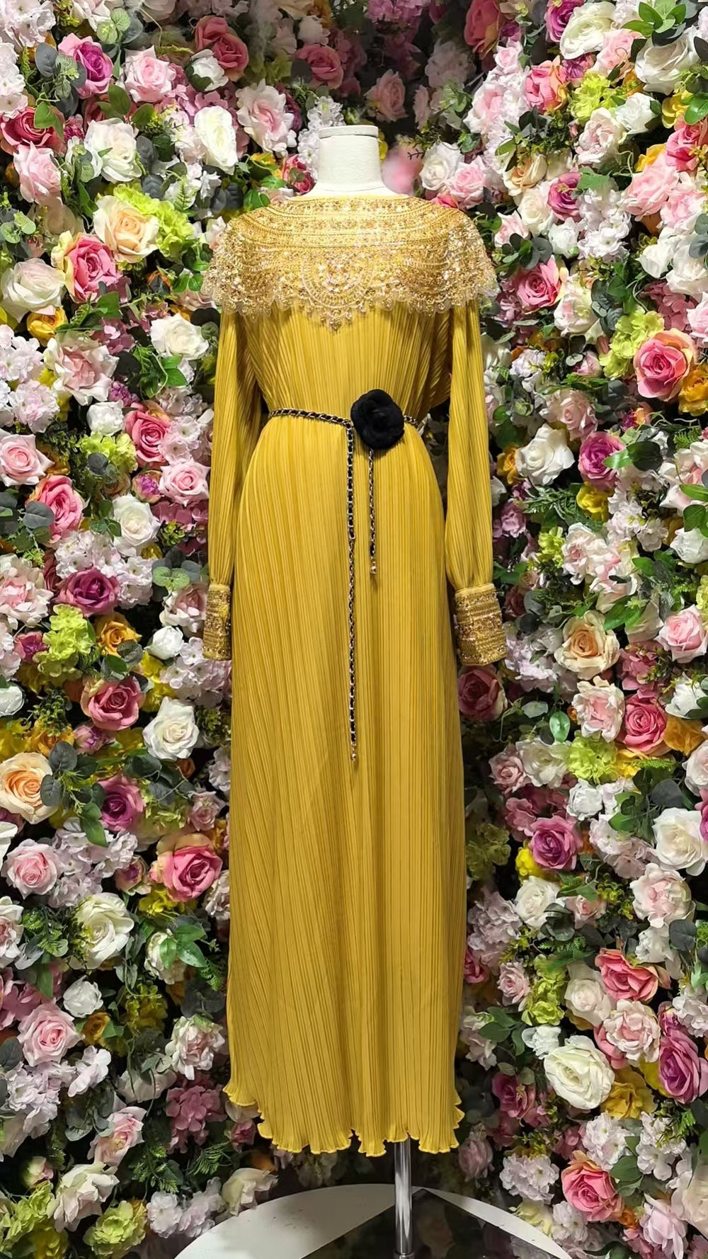 Classy lady style export beading shawl long sleeves pleated loosedress metal belt banquet long dress women