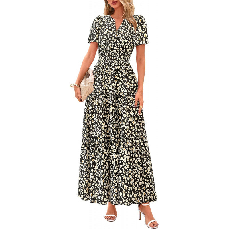 european and american retro floral short-sleeve v-neck dress - women's  summer new arrival a-line flowy vacation dress
