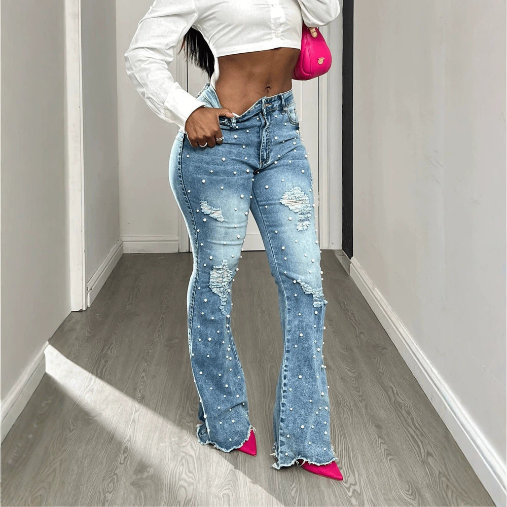 Fashion jeans women's ripped pearl micro-flared jeans cross-border high waist raw edge slit slimming look women's flared pants