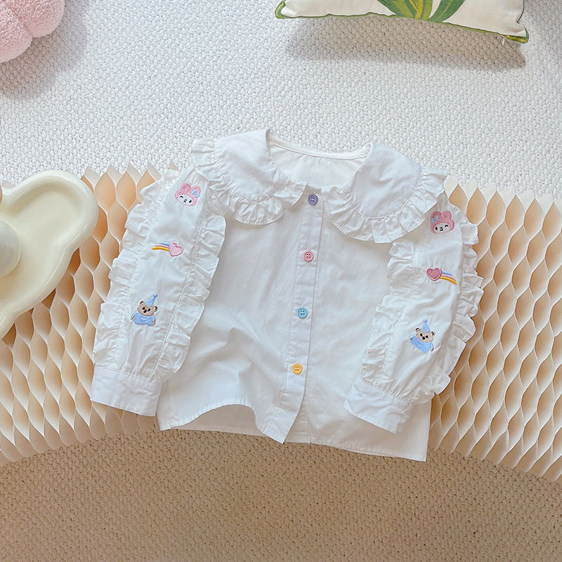 Girls' autumn  new arrival: pure cotton blouse - stylish, versatile, korean style embroidered bear top - trendy spring & autumn fashion