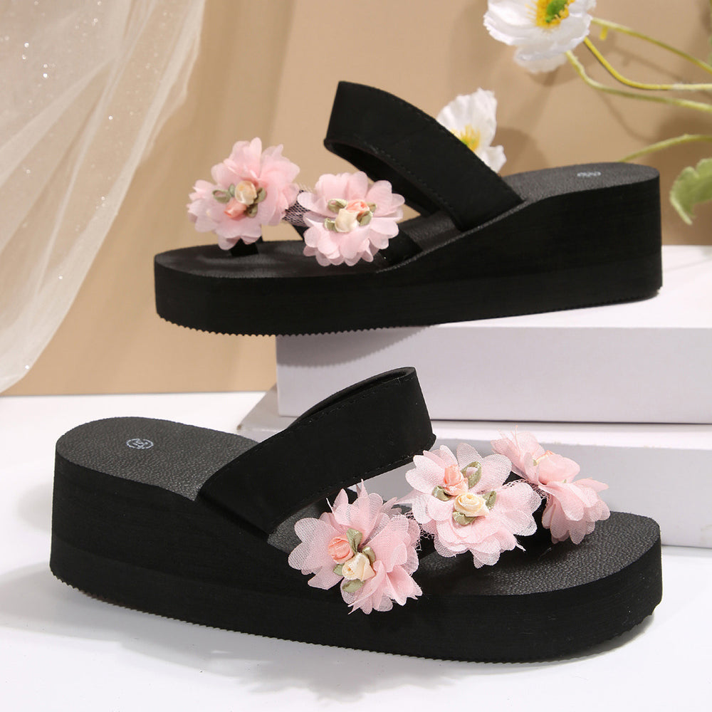 plus size beach slippers for women summer outwearthick sole high-heeled cool women's k-style seaside flower wedge toe slippers