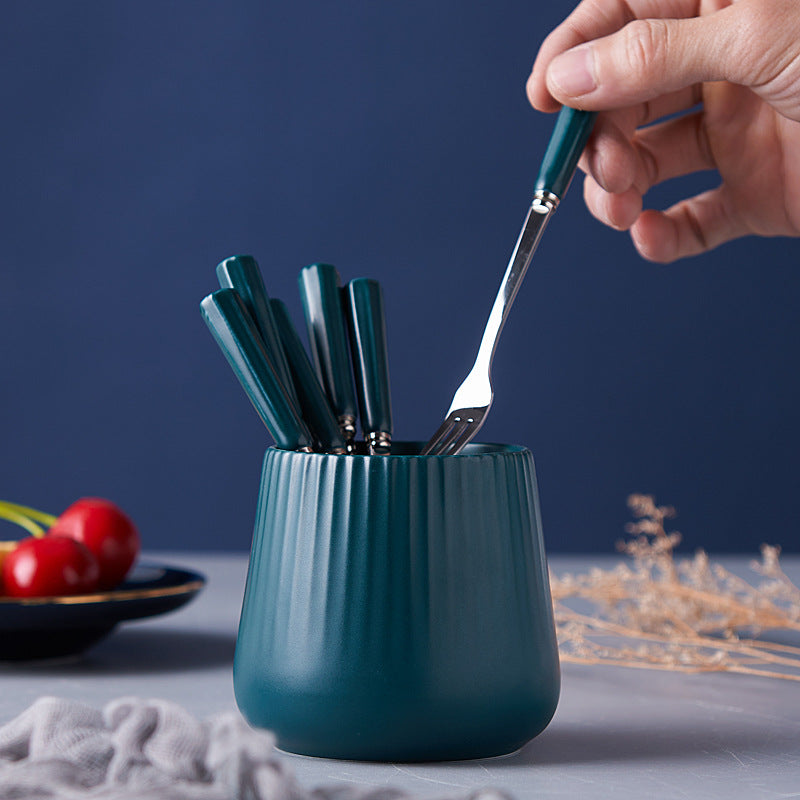 Creative stainless steel fruit fork spoon ceramic storage jar nordic fruit fork spoon household fruit fork storage set