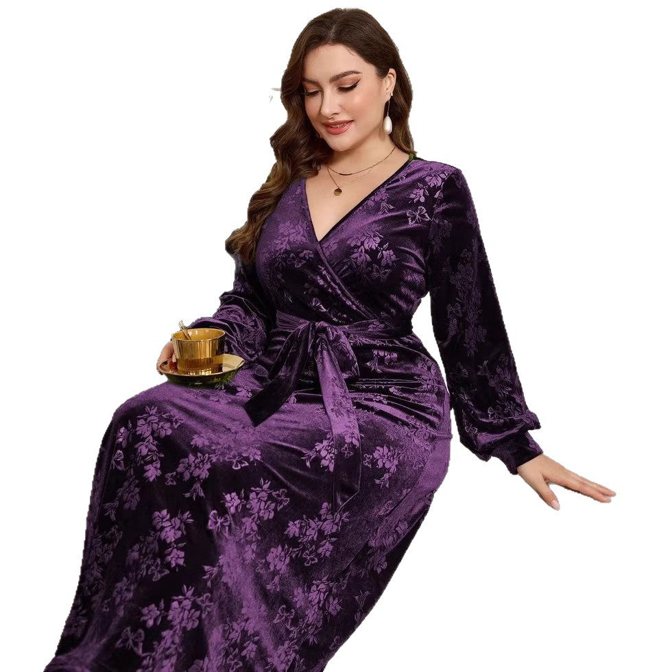 fashioncross-borderplus size women's silm long skirt gold velvet slimming look embossed long sleevesdress