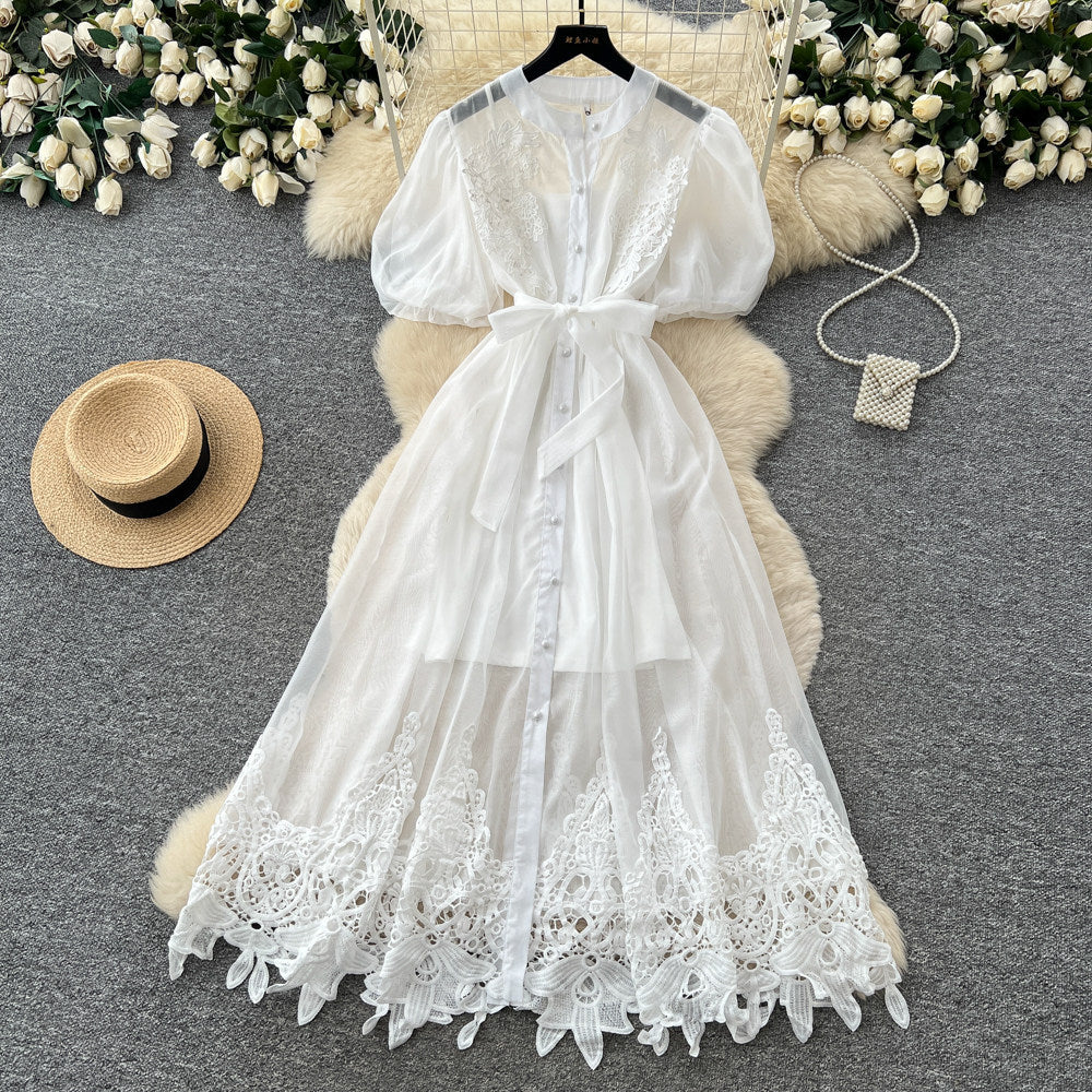 French romantic puff sleeve lace dress - women's summer tie-waist, breathable, figure-flattering a-line maxi dress - elegant style