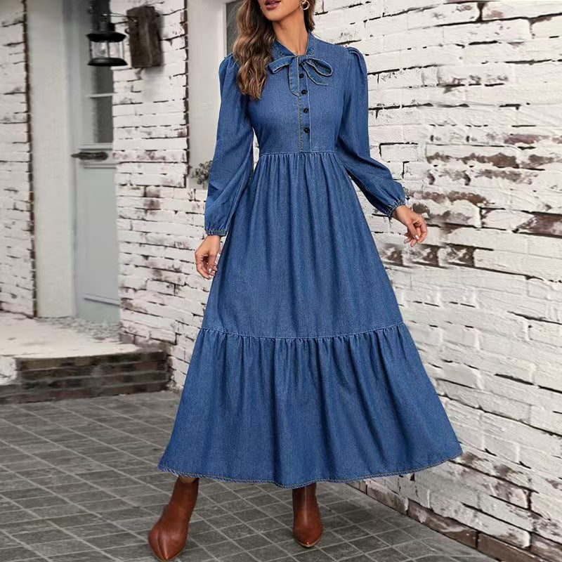 european and american new arrival: high-end denim long-sleeve fashionable fitted waist dress for women - perfect for  and independent cross-border e-commerce stores