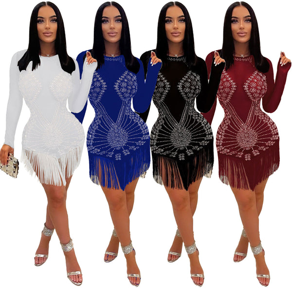 YK2533 sexy European and American slim-fit hot diamond fringed dress, nightclub dress