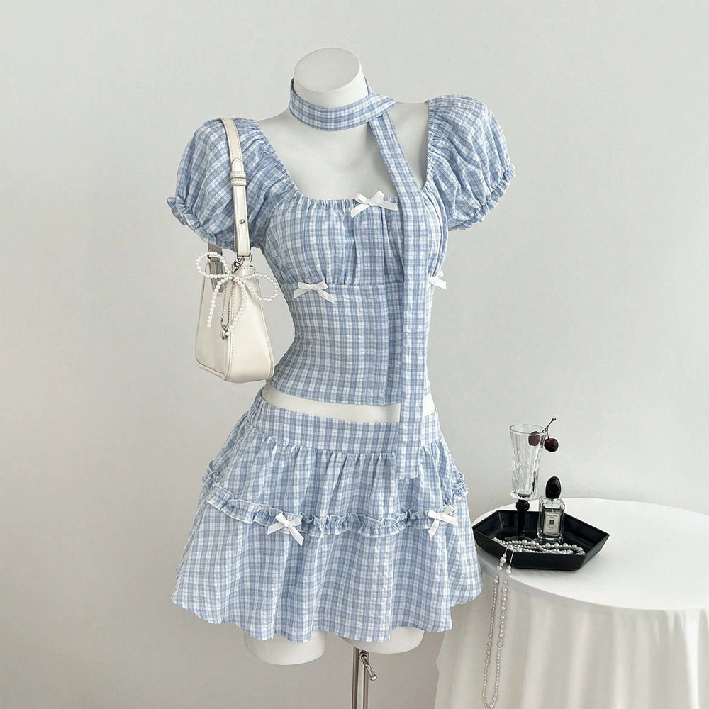 In-stock - 95333#  cross-border summer women's plaid puff sleeve blouse & a-line skirt two-piece set