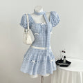 In-stock - 95333#  cross-border summer women's plaid puff sleeve blouse & a-line skirt two-piece set