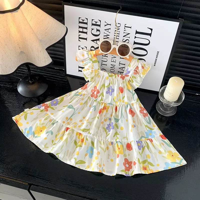 [family wear] children's cotton silk suspender dress sleeveless cake skirt summer thin flying sleeve western style floral skirt