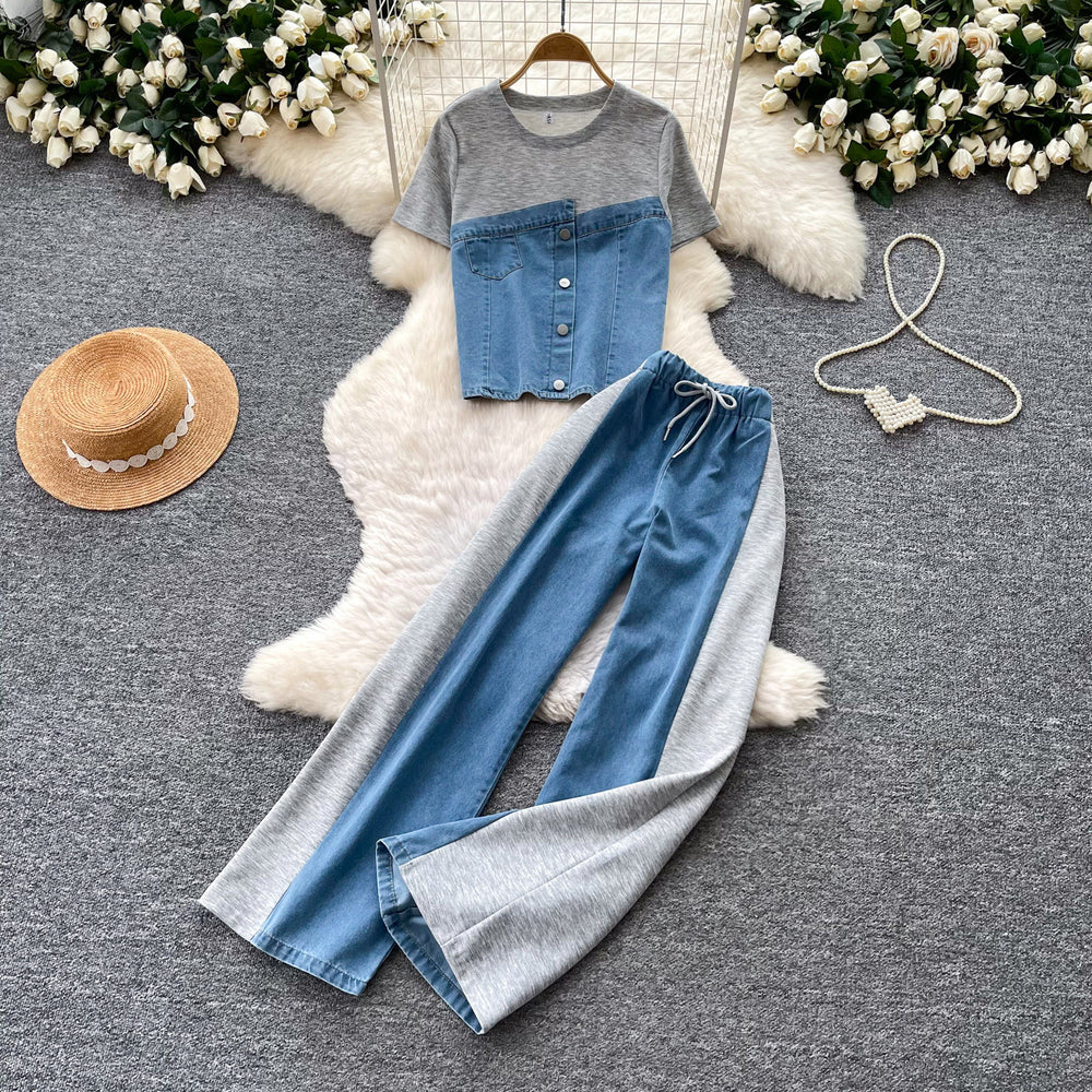 Hong kong style retropatchwork denim lazy two-piece set for women summerslimming lookhigh waistloose pantswork clothingelegantsuit