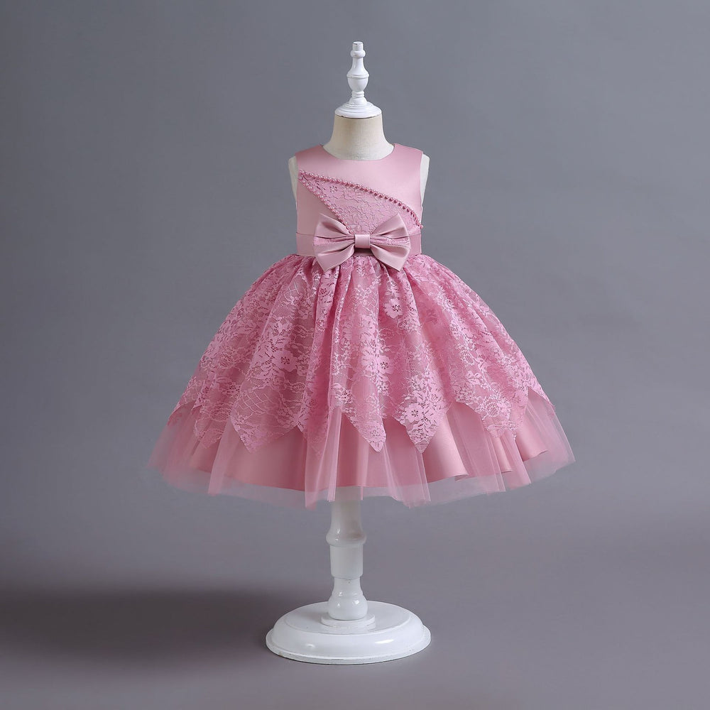 Ready-to-ship wholesale children's formal dresses, beaded floral patterned princess dresses for girls, perfect for everyday wear, birthdays, and banquets, made with satin fabric