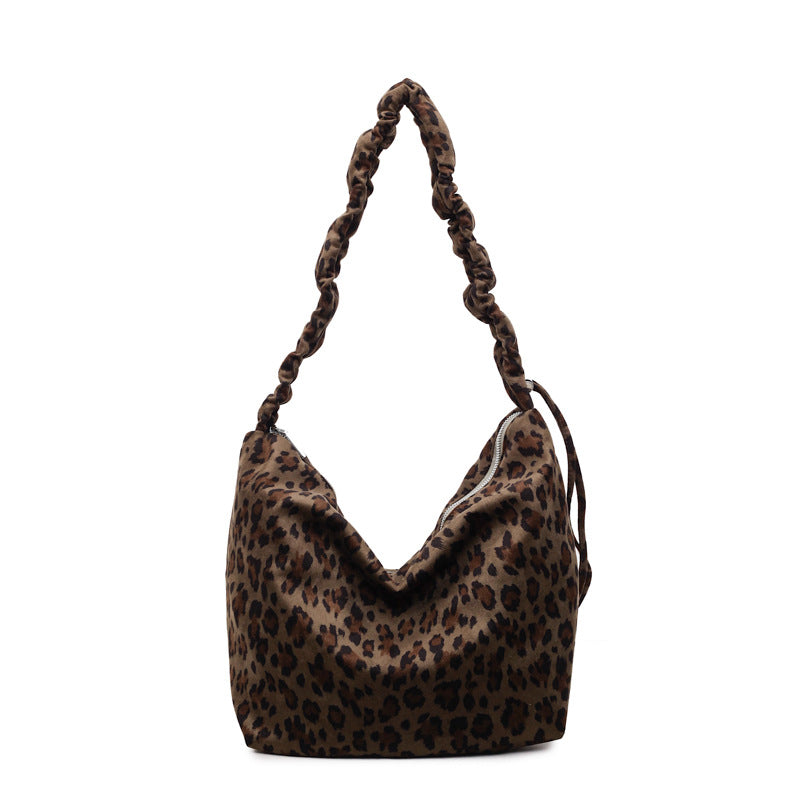 Suede leopard print bag for women, large capacity, 2025 new autumn and winter retro shoulder crossbody bag, work clothing tote bag for women