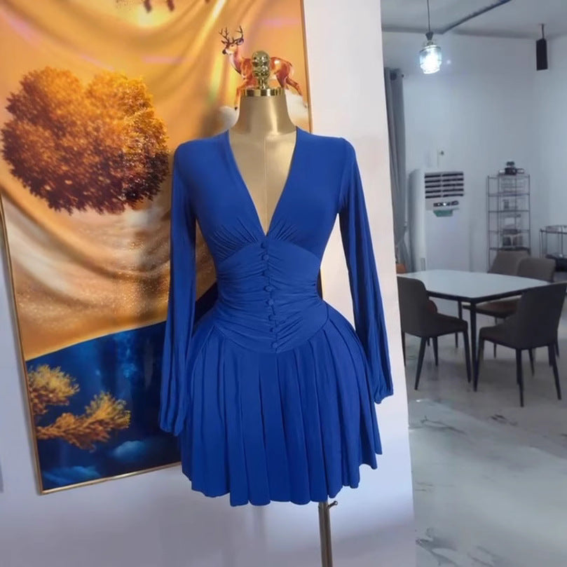 Export women's clothing pleated v necklong sleevesdressfrenchelegant silm waist slimming lookpleated short skirt
