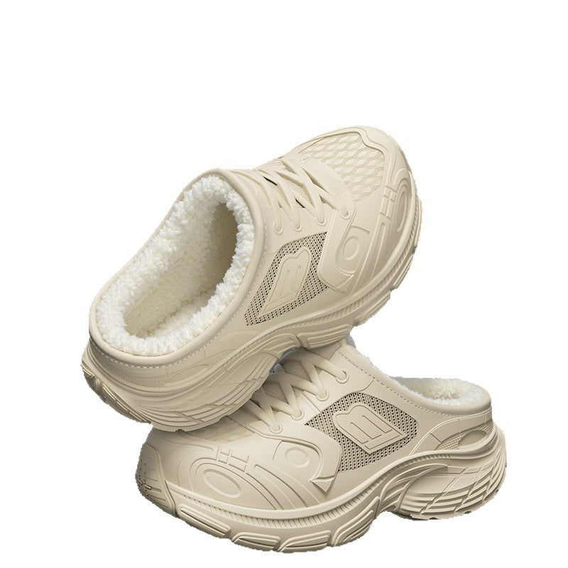 2025 new women's fleece-lined chunky sneakers: non-slip, waterproof, outdoor & indoor casual, versatile thick-soled cotton slippers