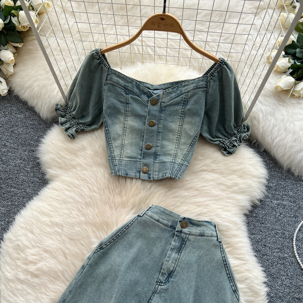 Summer outfit set for women: chic square neck puff sleeve cropped denim top + high-waisted flared midi skirt