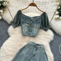 Summer outfit set for women: chic square neck puff sleeve cropped denim top + high-waisted flared midi skirt