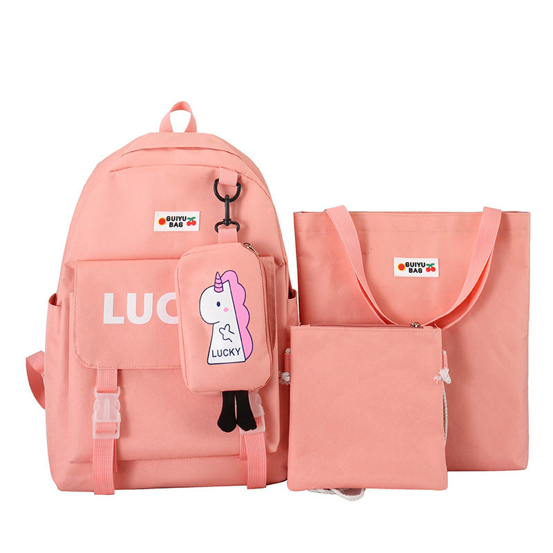 Manufacturer wholesale schoolbag female primary and secondary school students four-piece set third grade Korean version small fresh large capacity backpack to reduce the burden