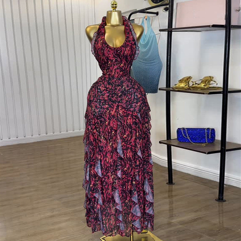 European and american cross-border women's fashion:  autumn new arrivals - sexy v-neck printed ruched waist ruffle halter dress