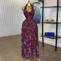 European and american cross-border women's fashion:  autumn new arrivals - sexy v-neck printed ruched waist ruffle halter dress