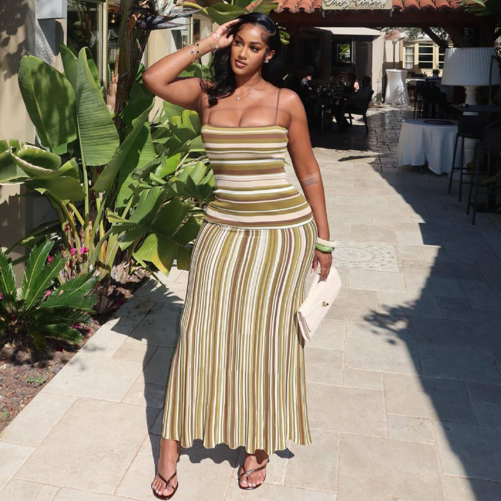 European and american cross-border women's fashion  summer new arrival: elegant striped sleeveless cami top and high-waisted midi skirt set
