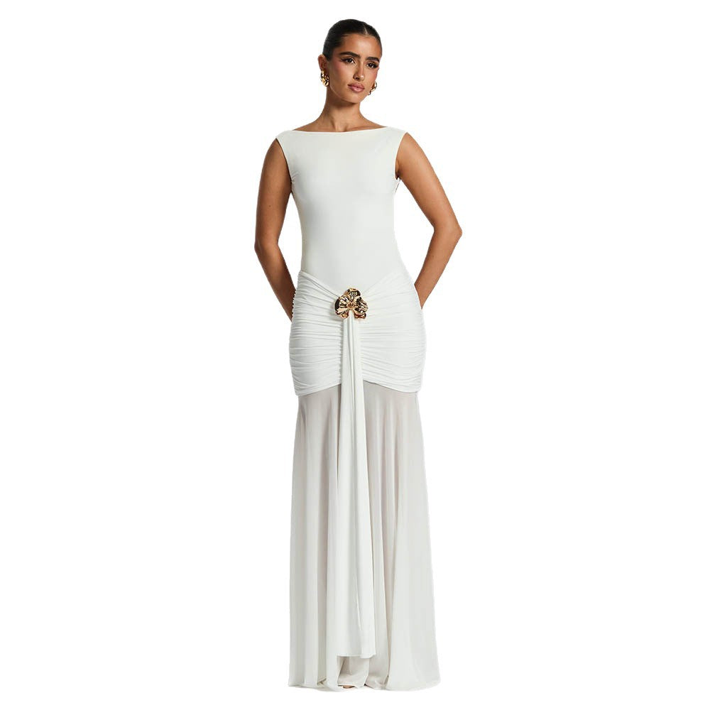 fashion spring/summer new arrival: sleeveless, backless, pleated, and patchwork sexy bodycon dress with elegant ribbon detail