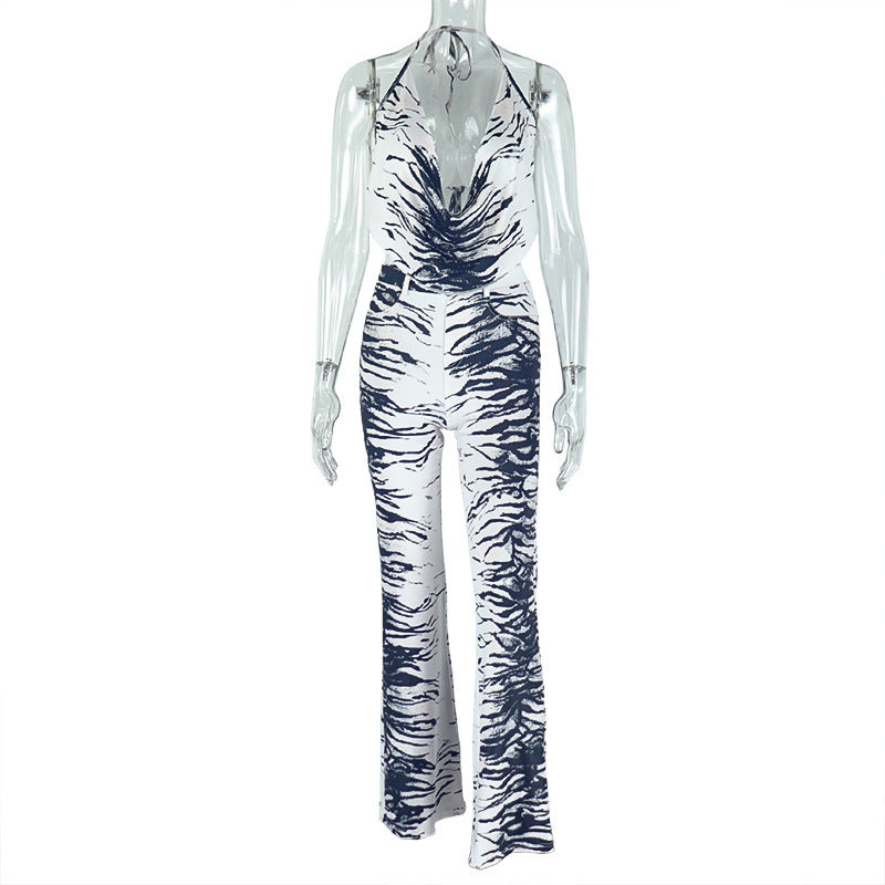 European and american style foreign trade fashion zebra print women's loose wide-leg pants set - backless tie-up black and white color block two-piece outfit