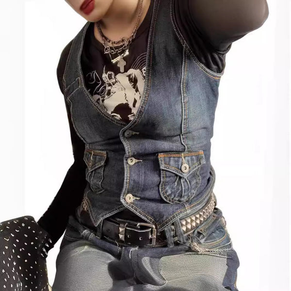European and American   supply Slim-fit retro thin denim vest woman