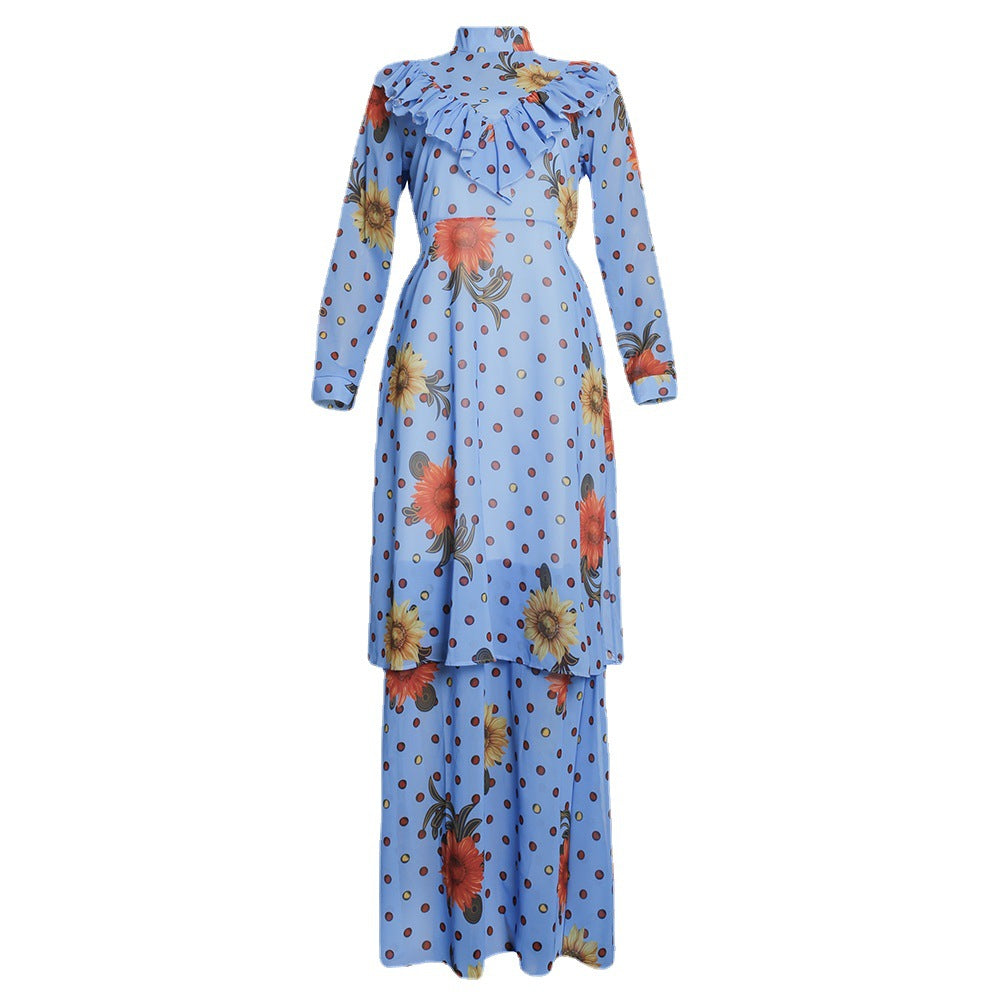 New arrival:  &  stand collar long sleeve printed african plus size women's two-piece dress set