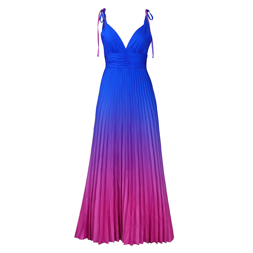 European and american plus size women's clothing  new fashion v-neck sexy high-waisted gradient pleated maxi dress gown