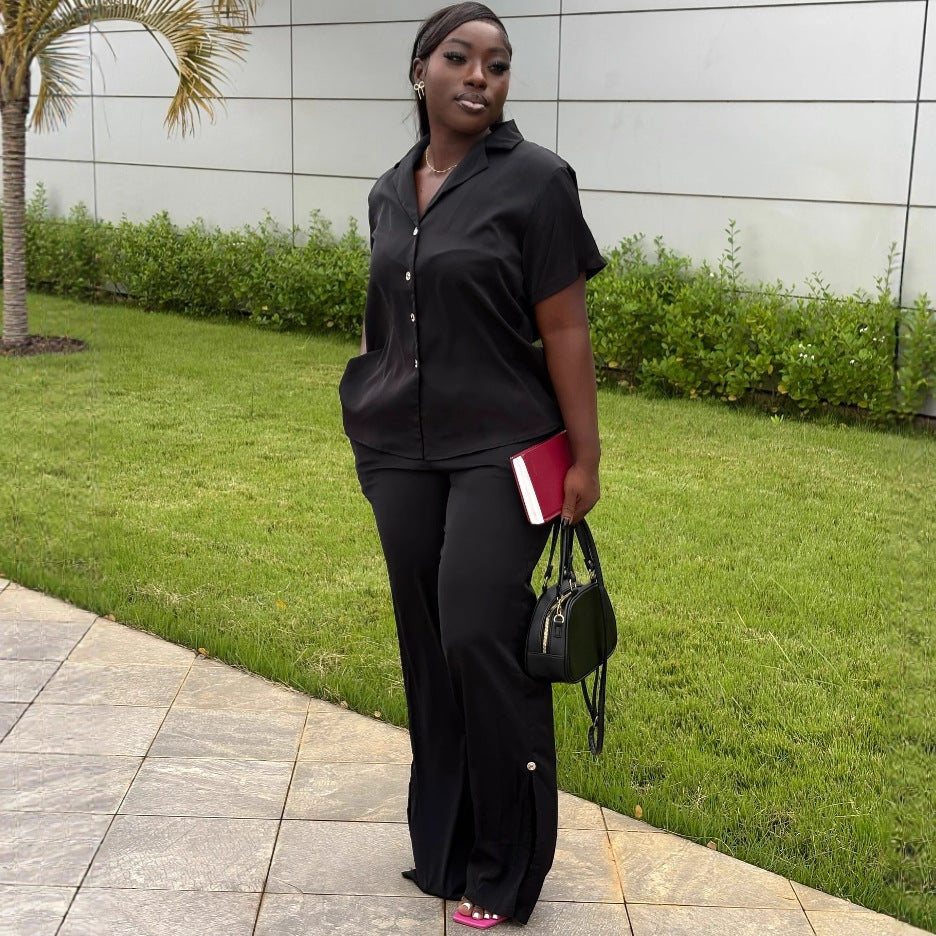 Cross-border European and American women's clothing solid color lapel cardigan shirt top women's African style fashion wide-leg trousers two-piece set