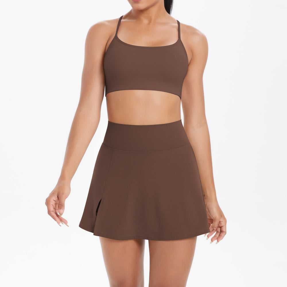 new cloud-soft brushed camisole bra with beautiful back design, casual running fitness short skirt yoga outfit set for women