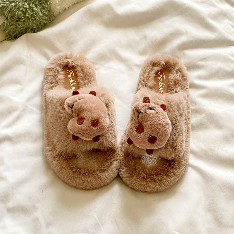 Korean style cartoon cute capybara fuzzy slippers women's autumn/winter new thick sole comfortable one-strap capybara cotton slippers