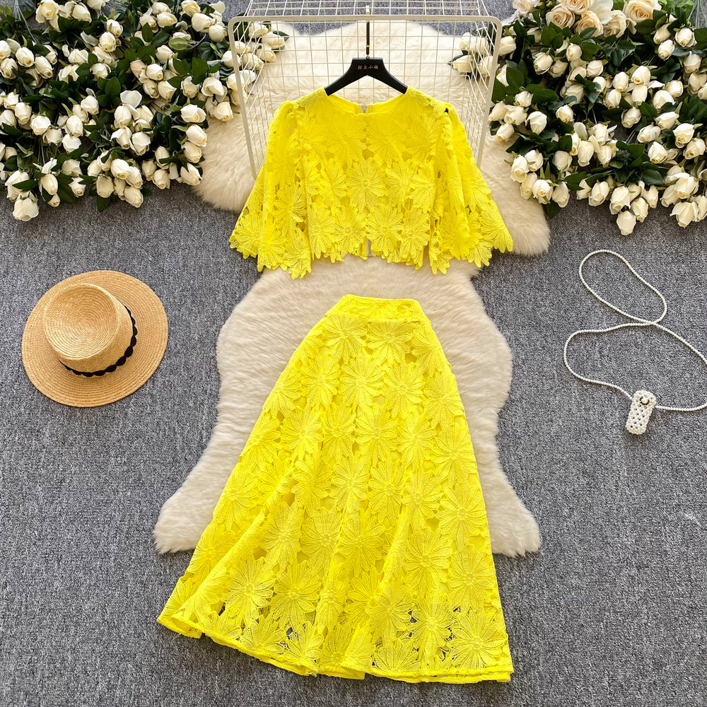 Frenchclassy sense cut out crochet lacesuit women's summerfashionshort bell sleeve shirt high waist skirt