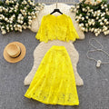 Frenchclassy sense cut out crochet lacesuit women's summerfashionshort bell sleeve shirt high waist skirt