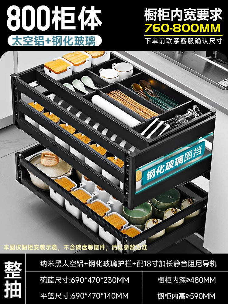 Pull Basket Kitchen Cabinet 304 Stainless Steel Double Layer Bowl Basket Drawer Type Seasoning Storage Dishes and Dishes Built-in Bowl Rack