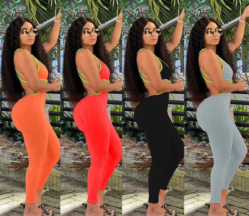 Fashionexport women's clothing  cross-border supply summer hot-selling fashion sexy suspender pit strip pure color jumpsuit