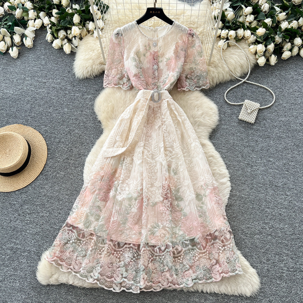 French romantic style heavy lace print dress - women's summer short sleeve high-end slimming waist vacation dress