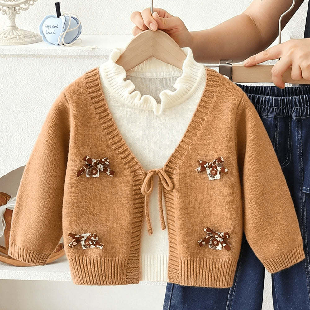Girls' casual outfit set -  autumn/winter knitted 3d bow sweater jacket & stylish denim jeans two-piece set
