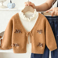 Girls' casual outfit set -  autumn/winter knitted 3d bow sweater jacket & stylish denim jeans two-piece set