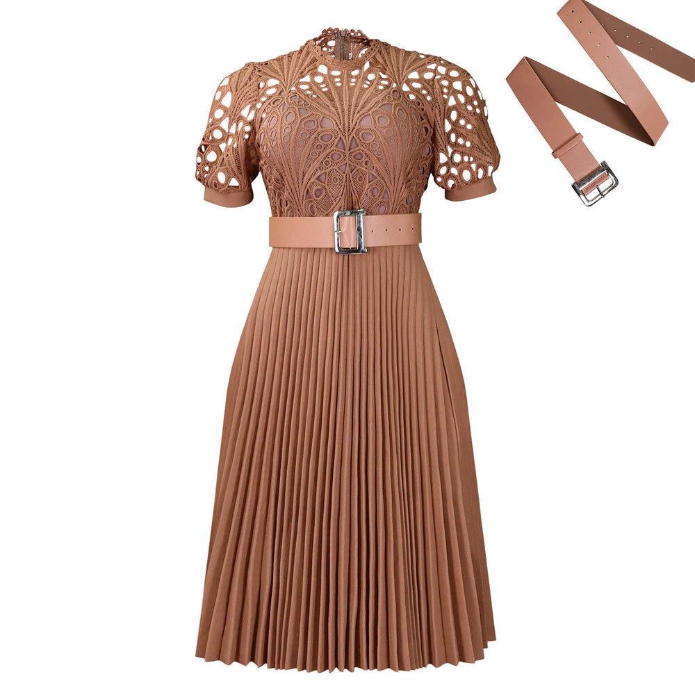 D499 european and american style women's  new short-sleeve lace trim pleated african dress - cross-border evening gown